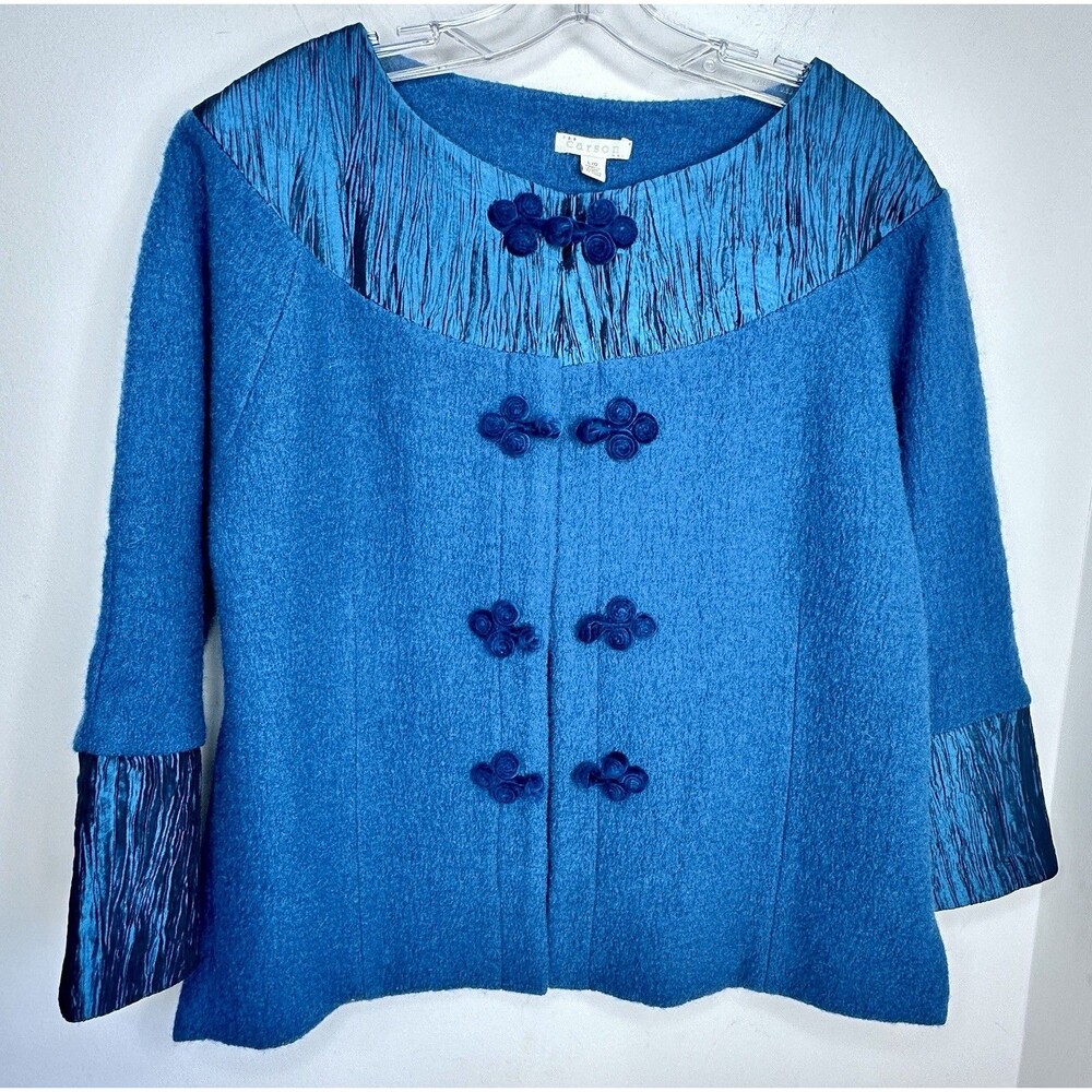 Carson 100% Felted Wool Dressy Jacket Womens Large Blue Teal Short Coat WOW!!